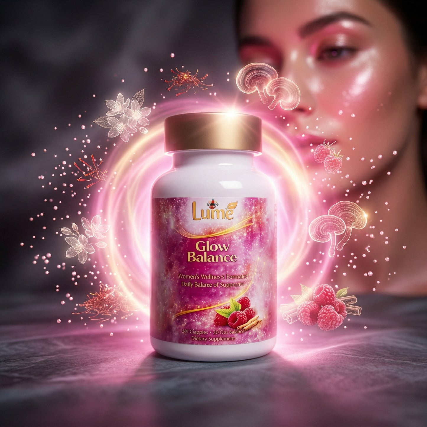 Supplement bottle labeled 'Glow Balance' with a mystical glow and floral elements.