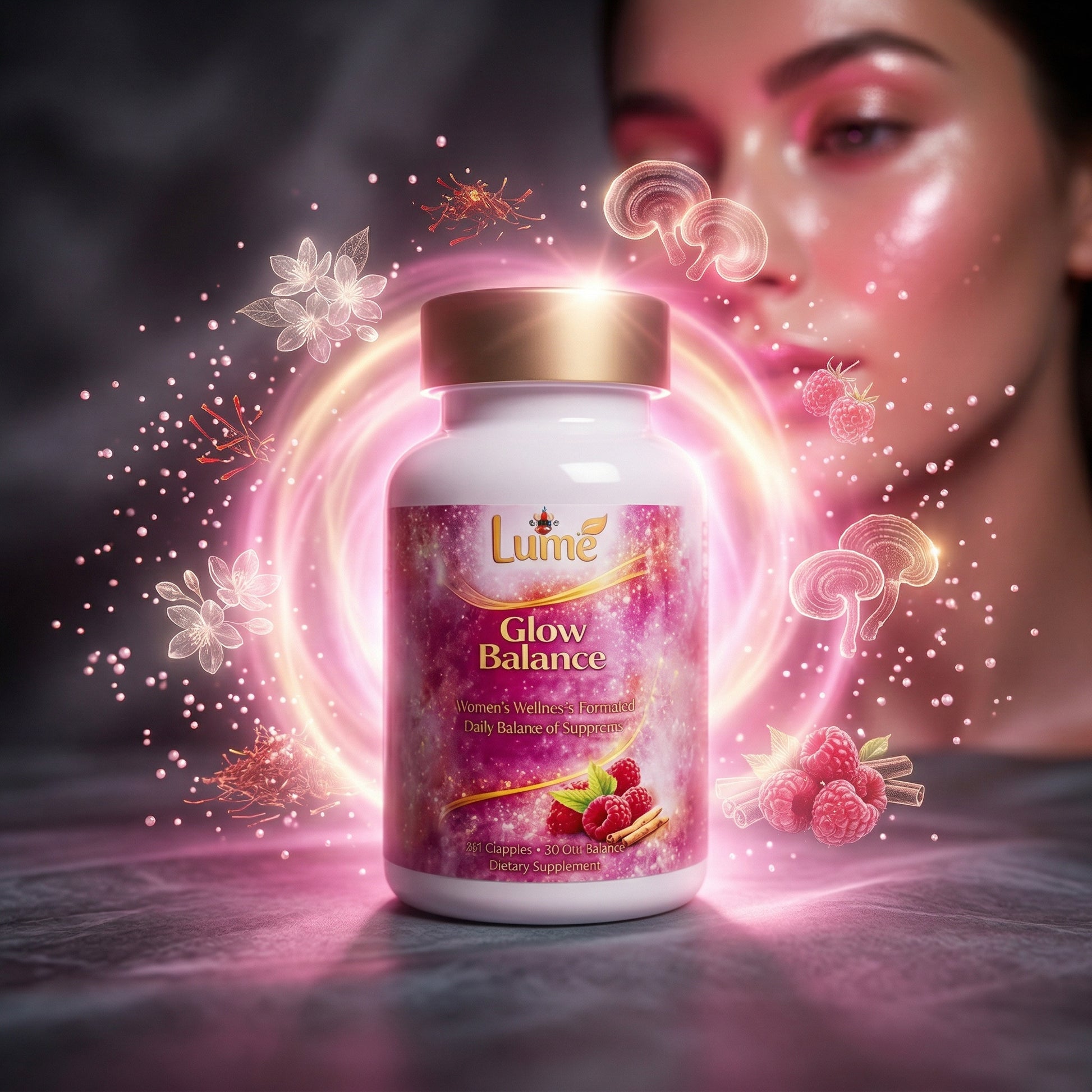 Supplement bottle labeled 'Glow Balance' with a mystical glow and floral elements.