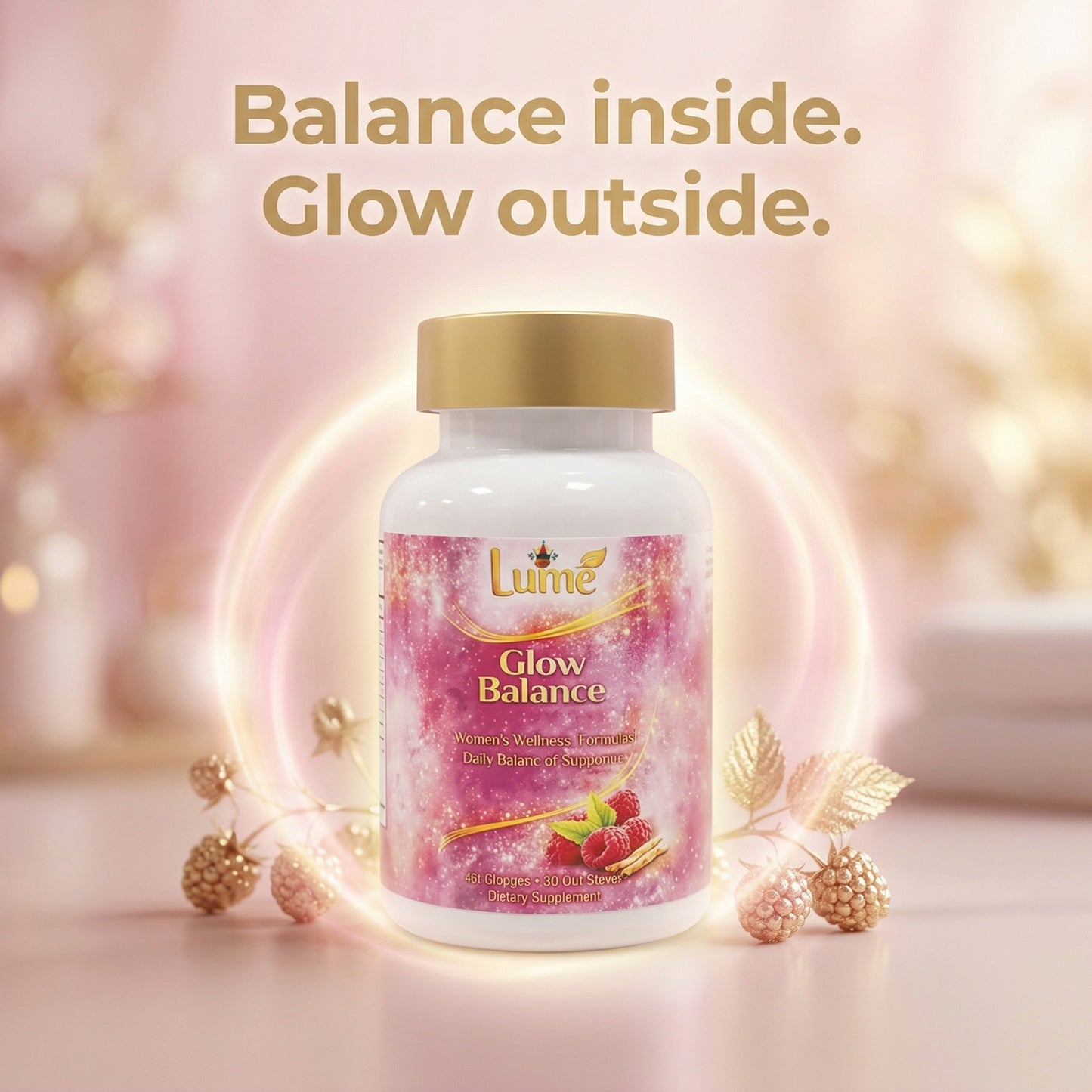 Bottle of LuMe Glow Balance supplement with decorative elements on a soft background