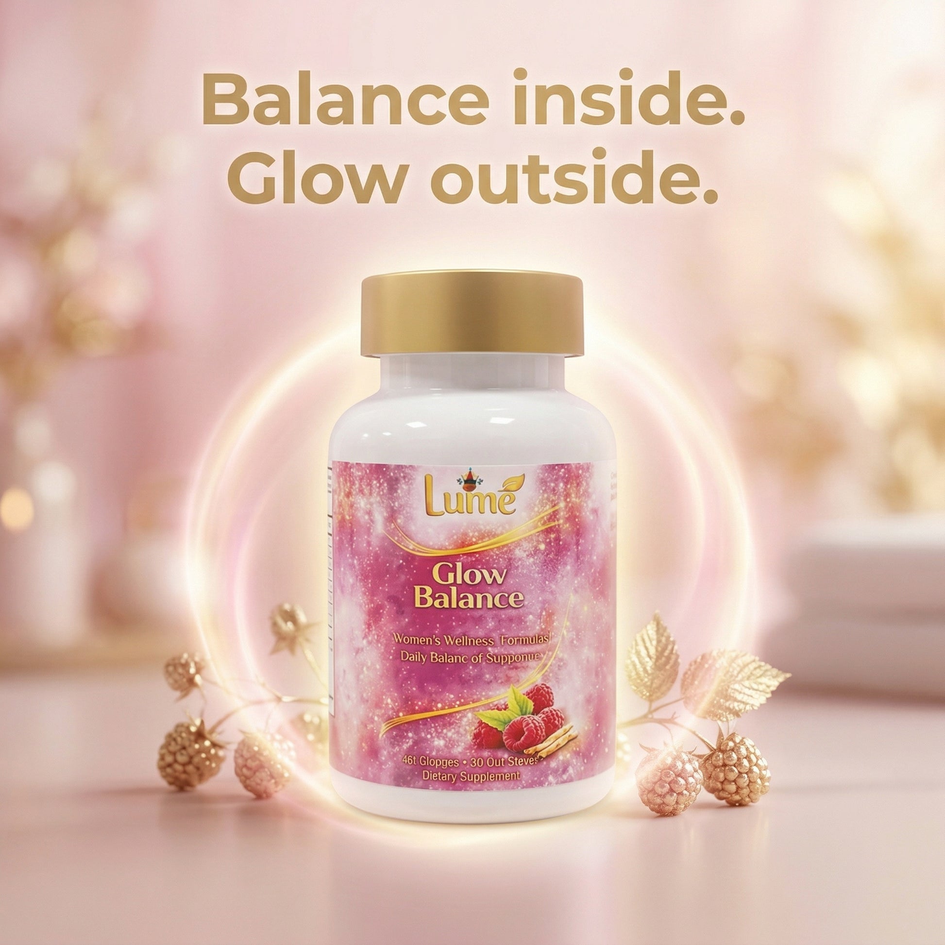 Bottle of LuMe Glow Balance supplement with decorative elements on a soft background