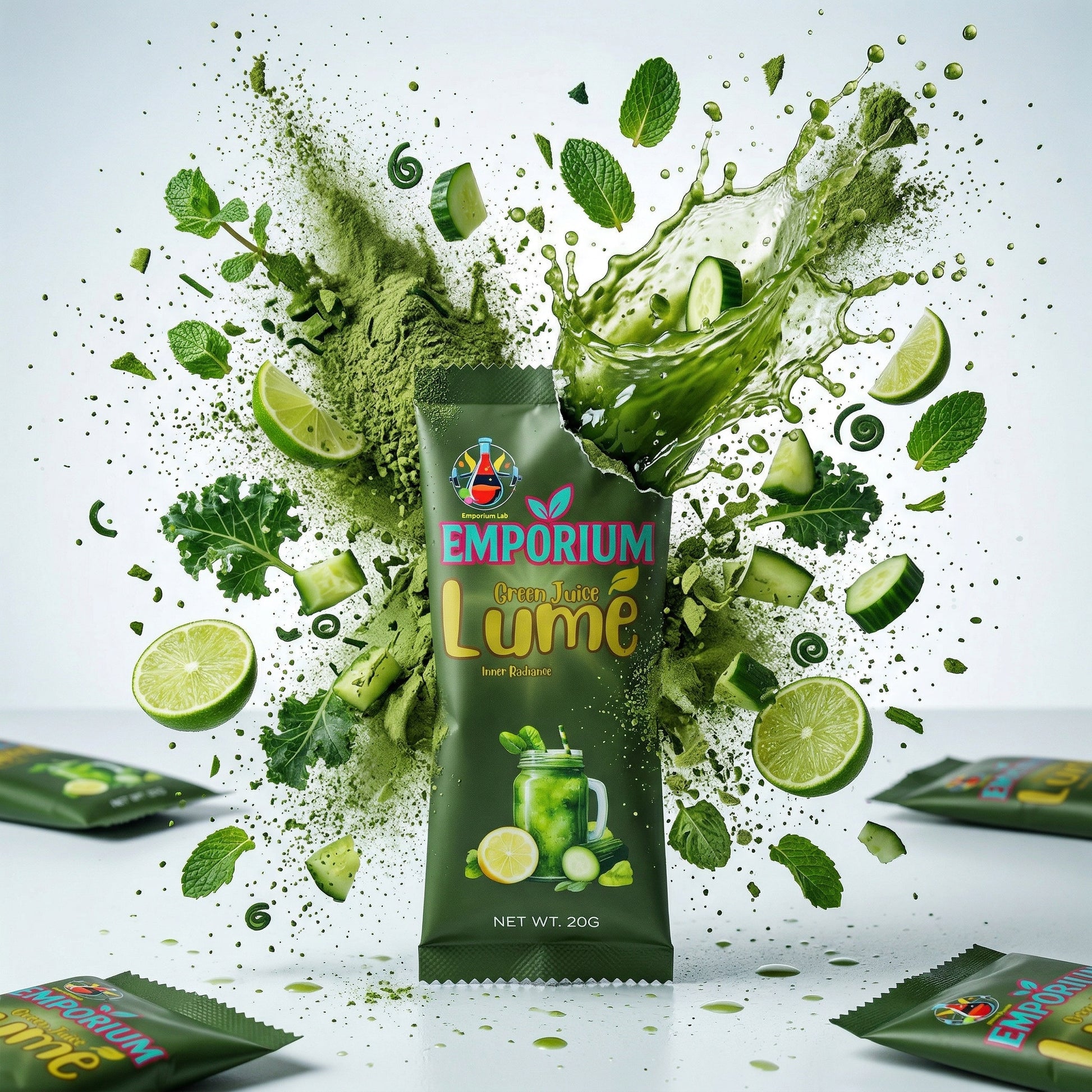 Emporium Barbeque Lume green packet with lime and mint elements on a light gray background