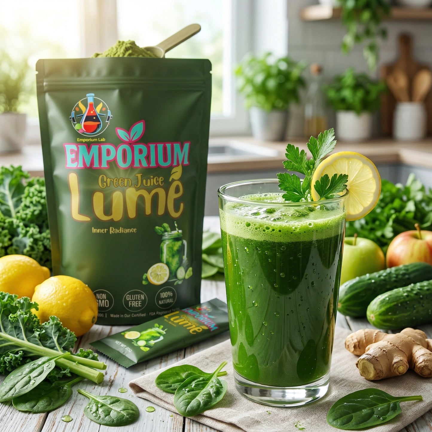 Green juice with Emporium Lume packaging on a kitchen counter with fresh ingredients. posbion