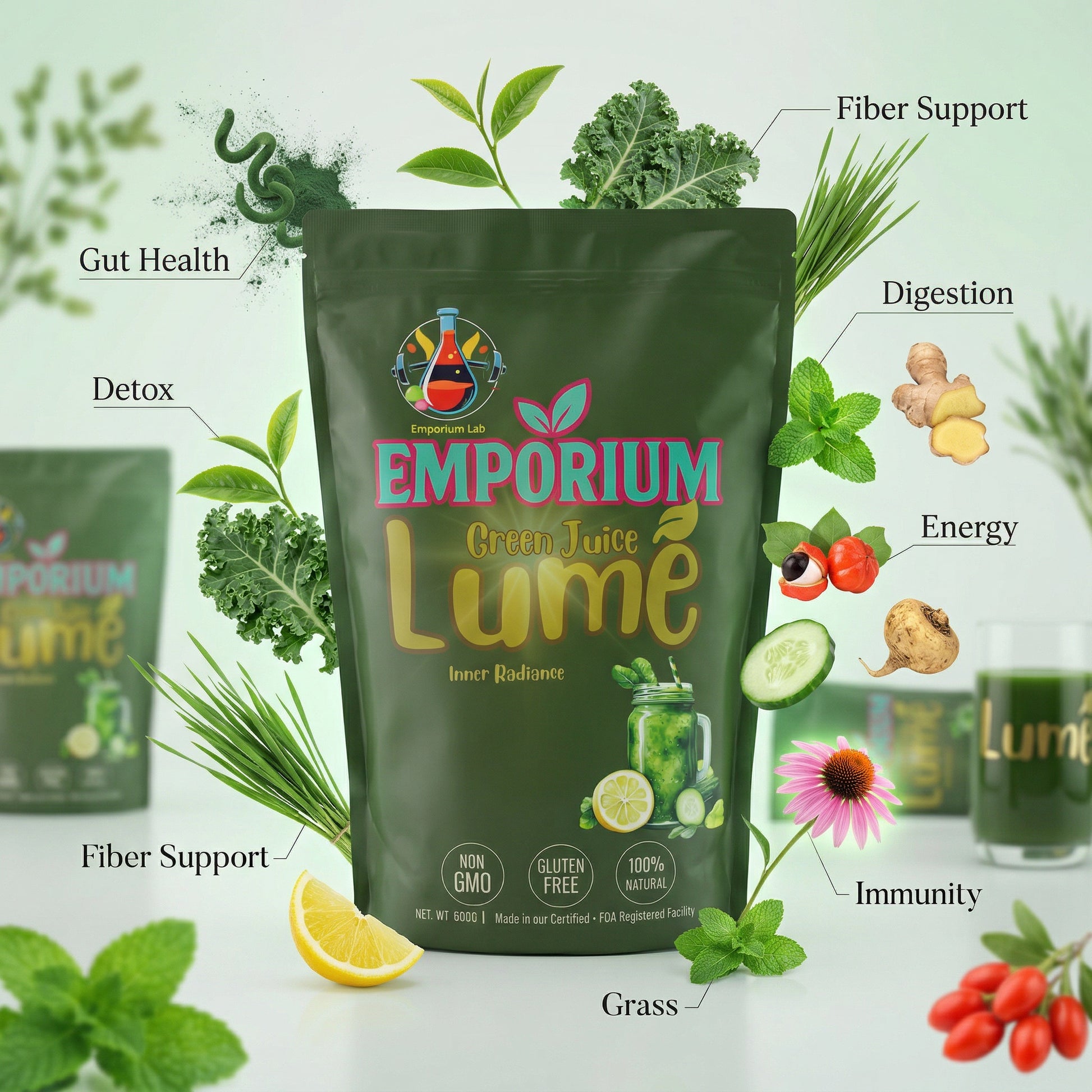 Green package of Emporium Green Juice Lumé with health benefits labeled and green ingredients around.