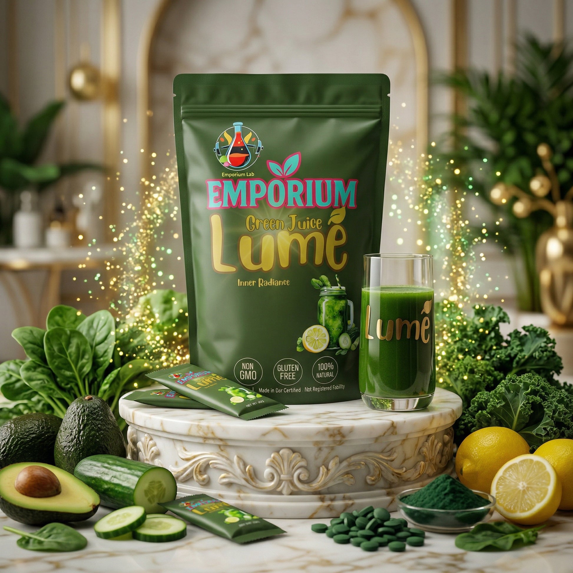 Emporium Lèmé green juice package with ingredients on a decorative table.