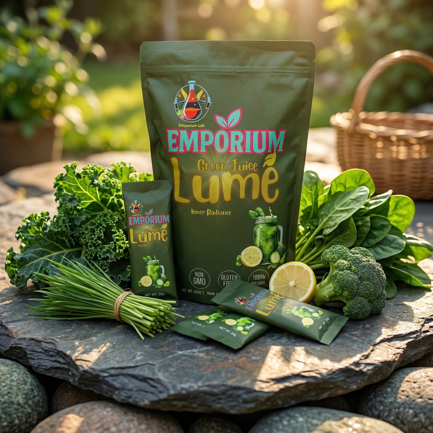 Emporium Green Juice Lèmé packaging with green vegetables on a stone surface