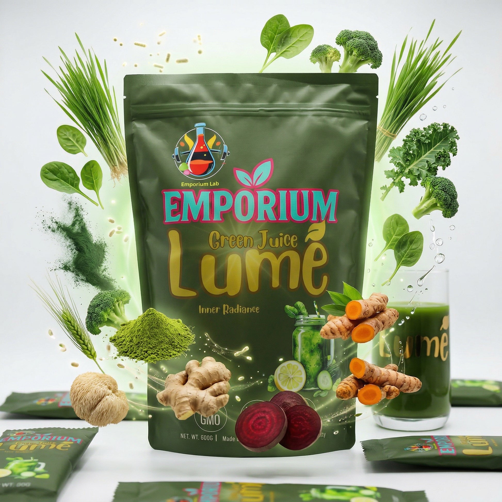 Emporium Green Juice Lume package with green vegetables and juice on a white background