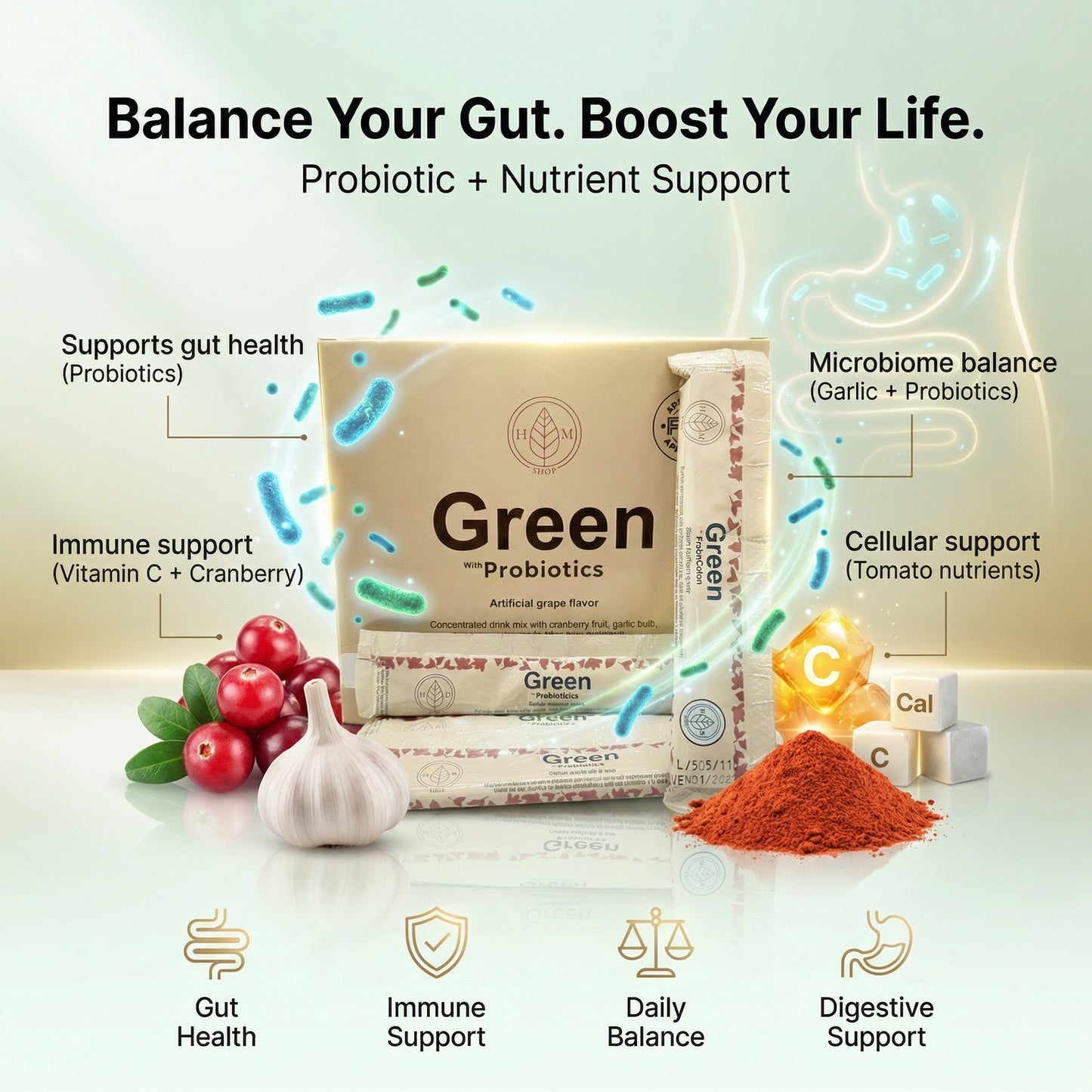 Probiotic product packaging with health benefits highlighted on a light background