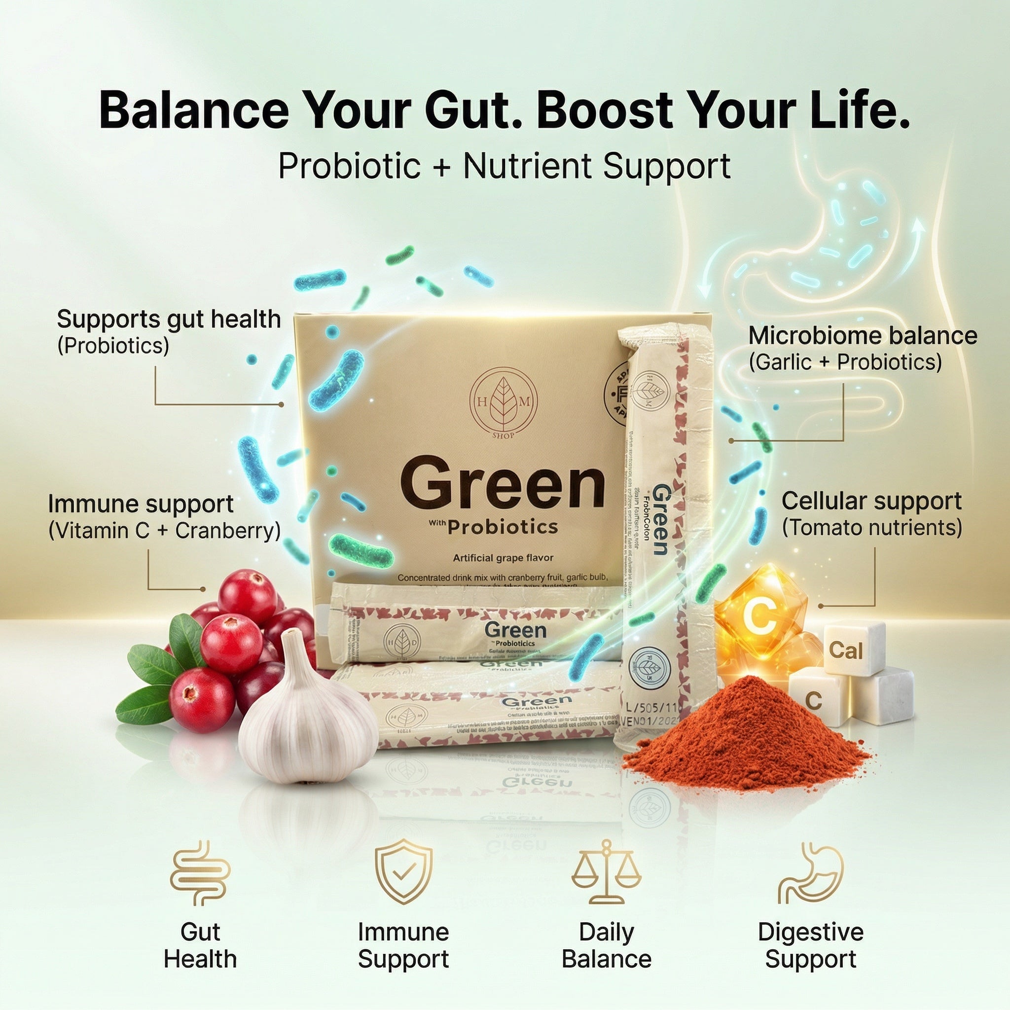 Probiotic product packaging with health benefits highlighted on a light background
