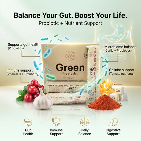 Probiotic product packaging with health benefits highlighted on a light background