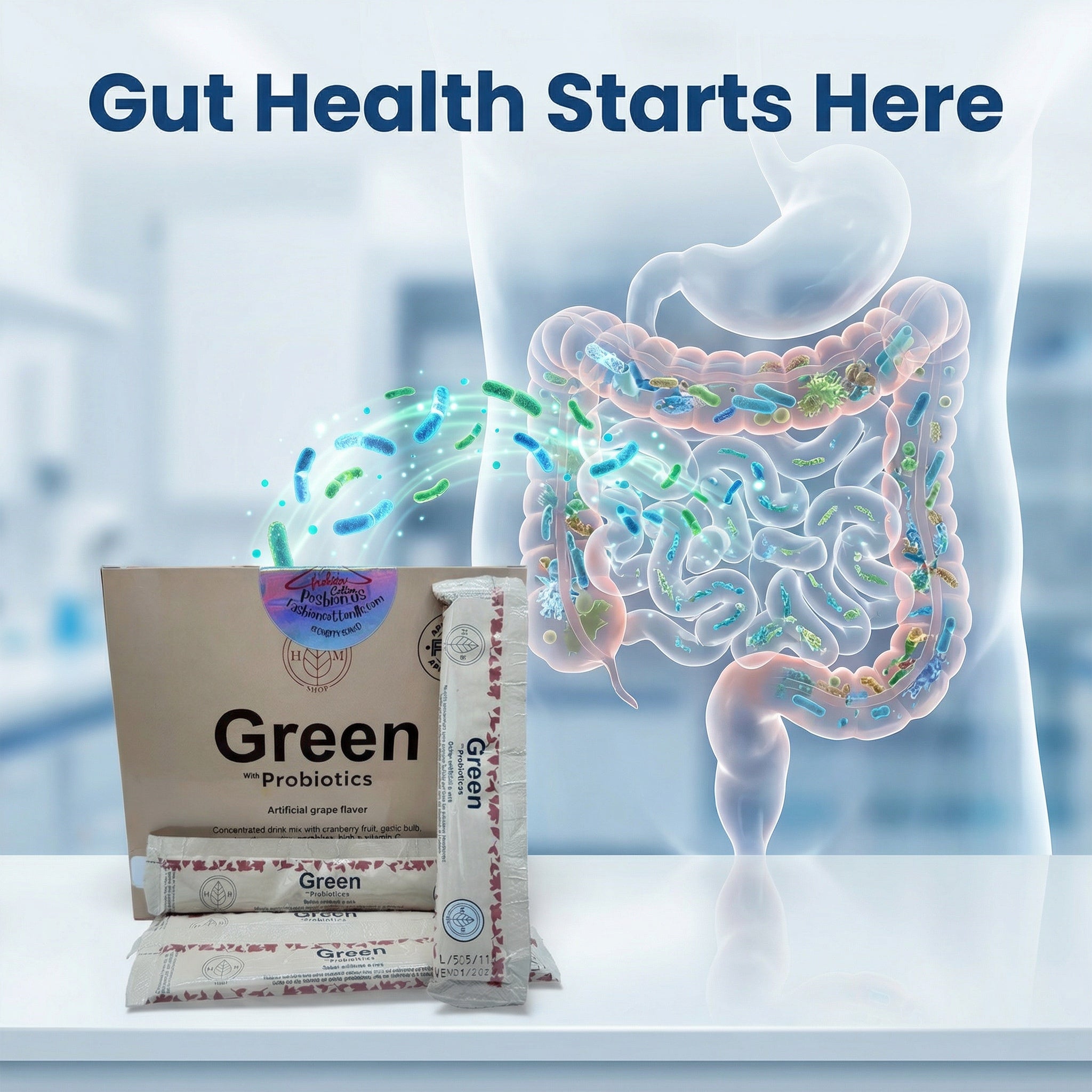 Green Probiotics packaging with a digital illustration of gut health on a blurred background