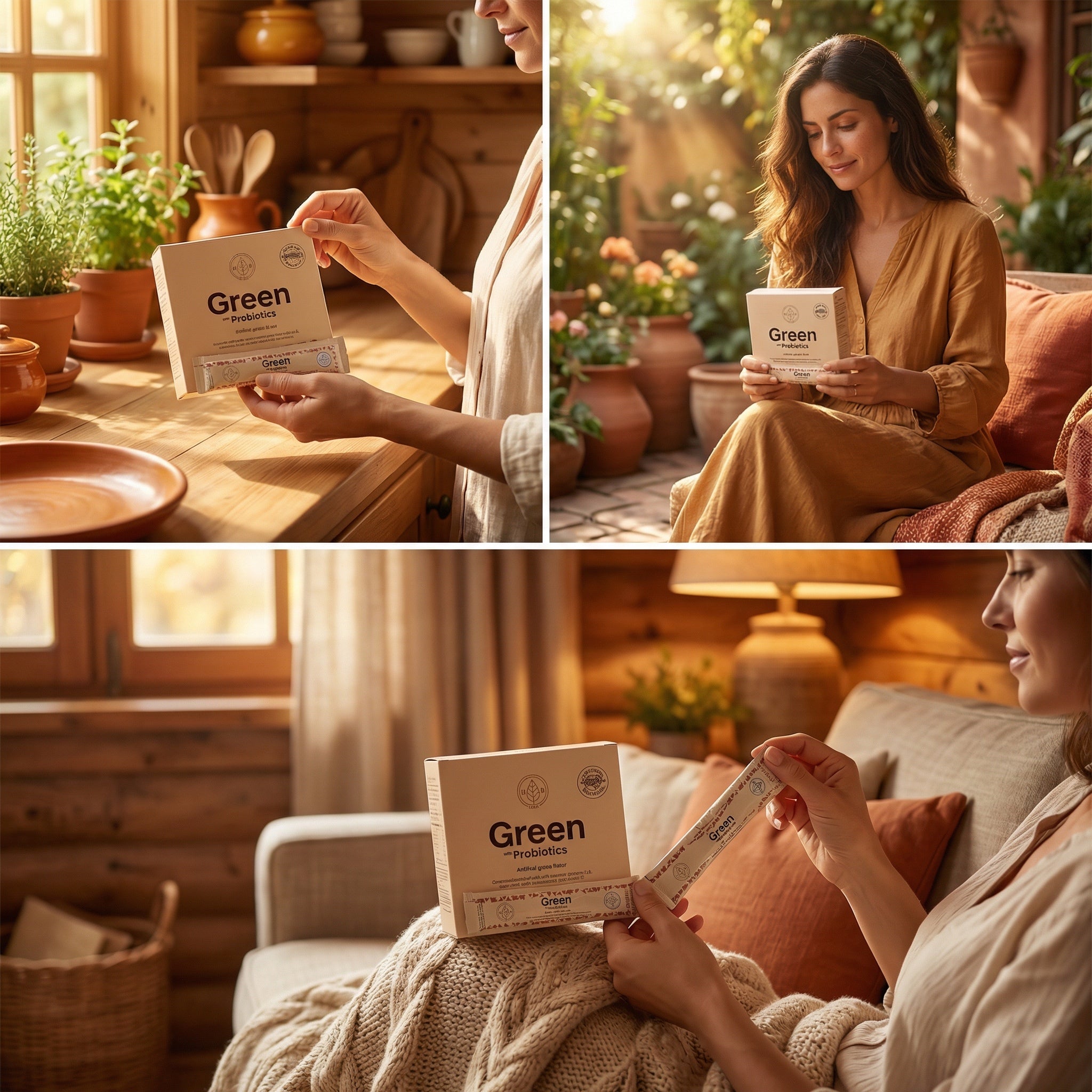 Collage of a woman holding a 'Green' product packaging in various settings.