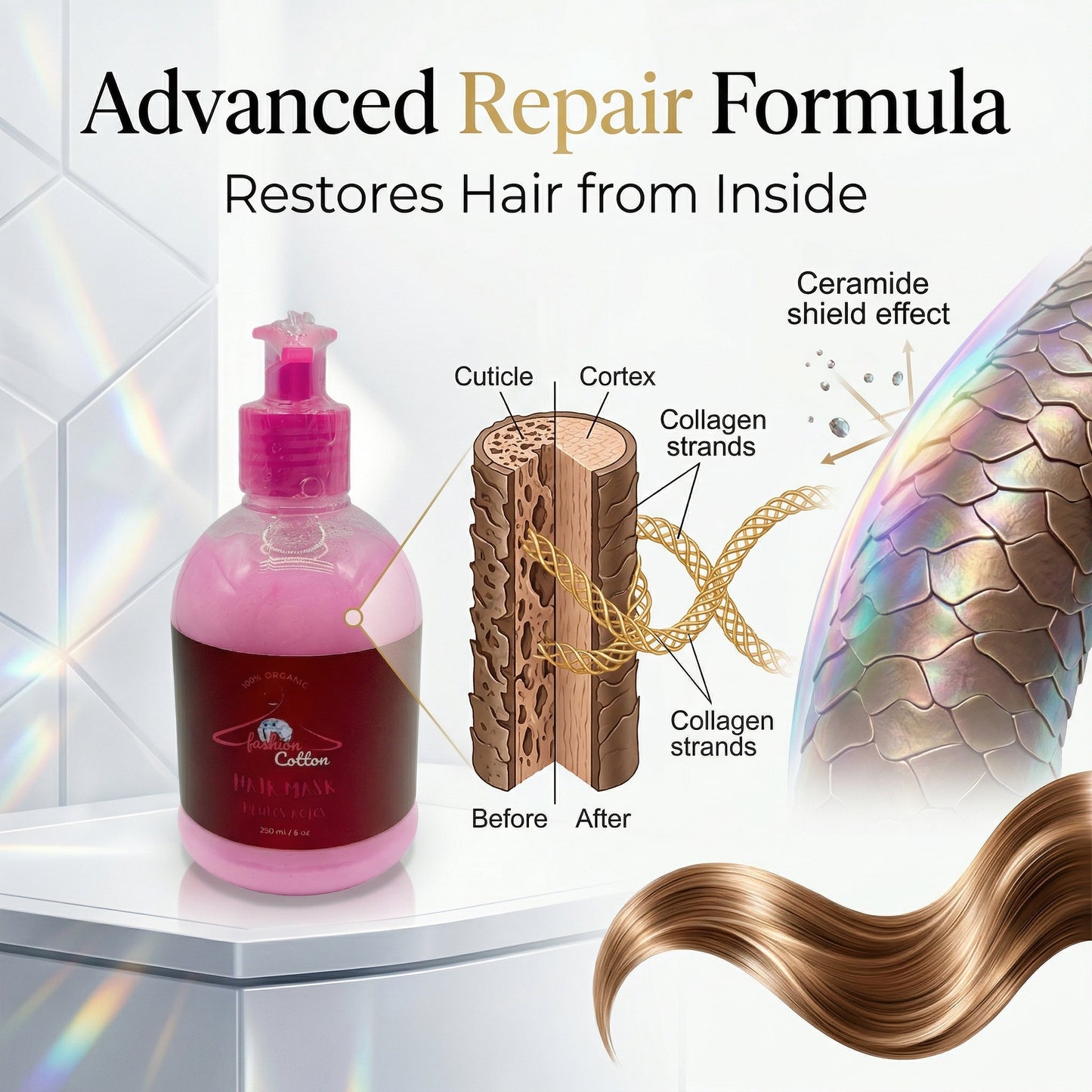 Hair care product with diagram of hair structure and text about advanced repair formula