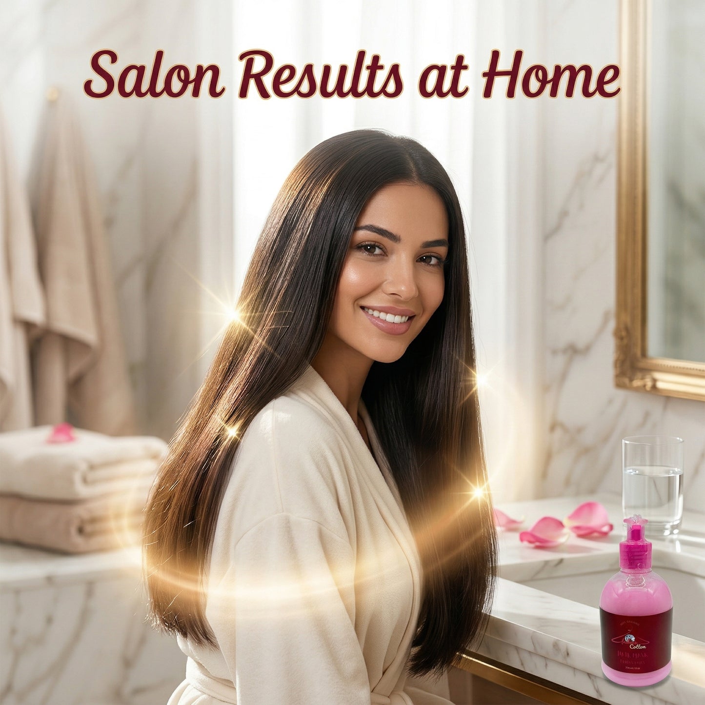 Woman with long hair in a bathroom setting with a bottle of hair product.
