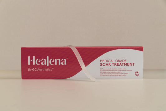 Healena medical grade scar treatment box on a beige background