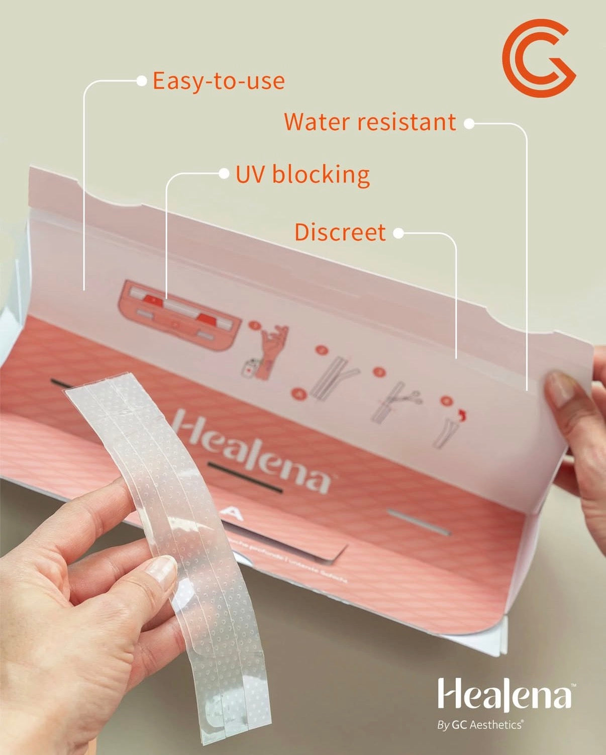 Healena product packaging with a hand holding a strip, labeled as easy-to-use, water-resistant, UV-blocking, and discreet.