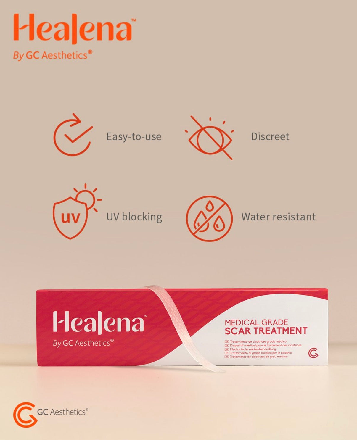 Healena medical grade scar treatment packaging with features on a beige background