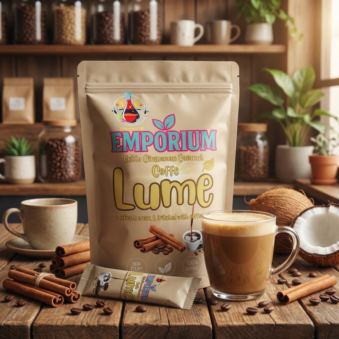 Emporium Caffe Lume coffee package with a cup of coffee and coffee beans on a wooden table.posbion usa, fibribion