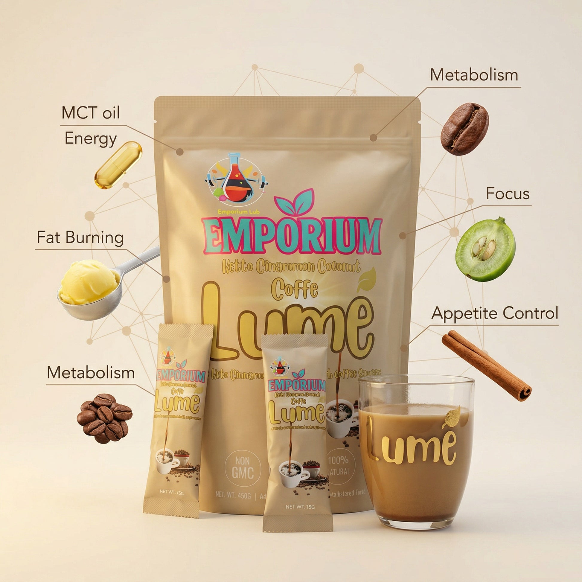 Emporium Caffe Lume coffee packaging with health benefits on a light background