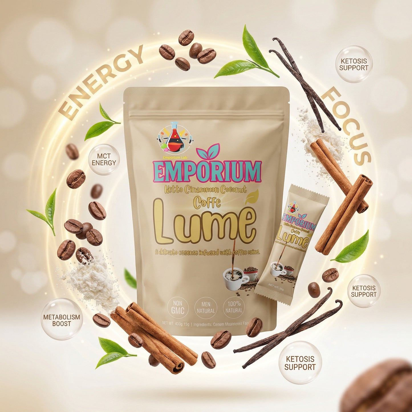 Emporium Lume coffee packaging with coffee beans, cinnamon sticks, and other elements on a light background.