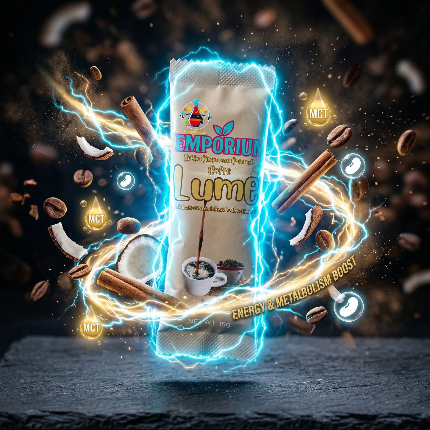 Emporium Coffee Lume package with energy and metabolism boost text, surrounded by coffee beans and cinnamon sticks on a dark background. posbion usa 