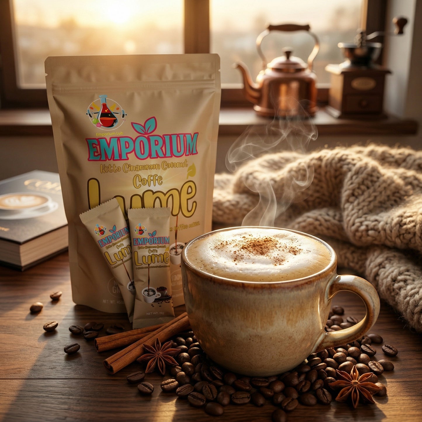 Steaming cup of coffee with Emporium Coffee package on a wooden surface.