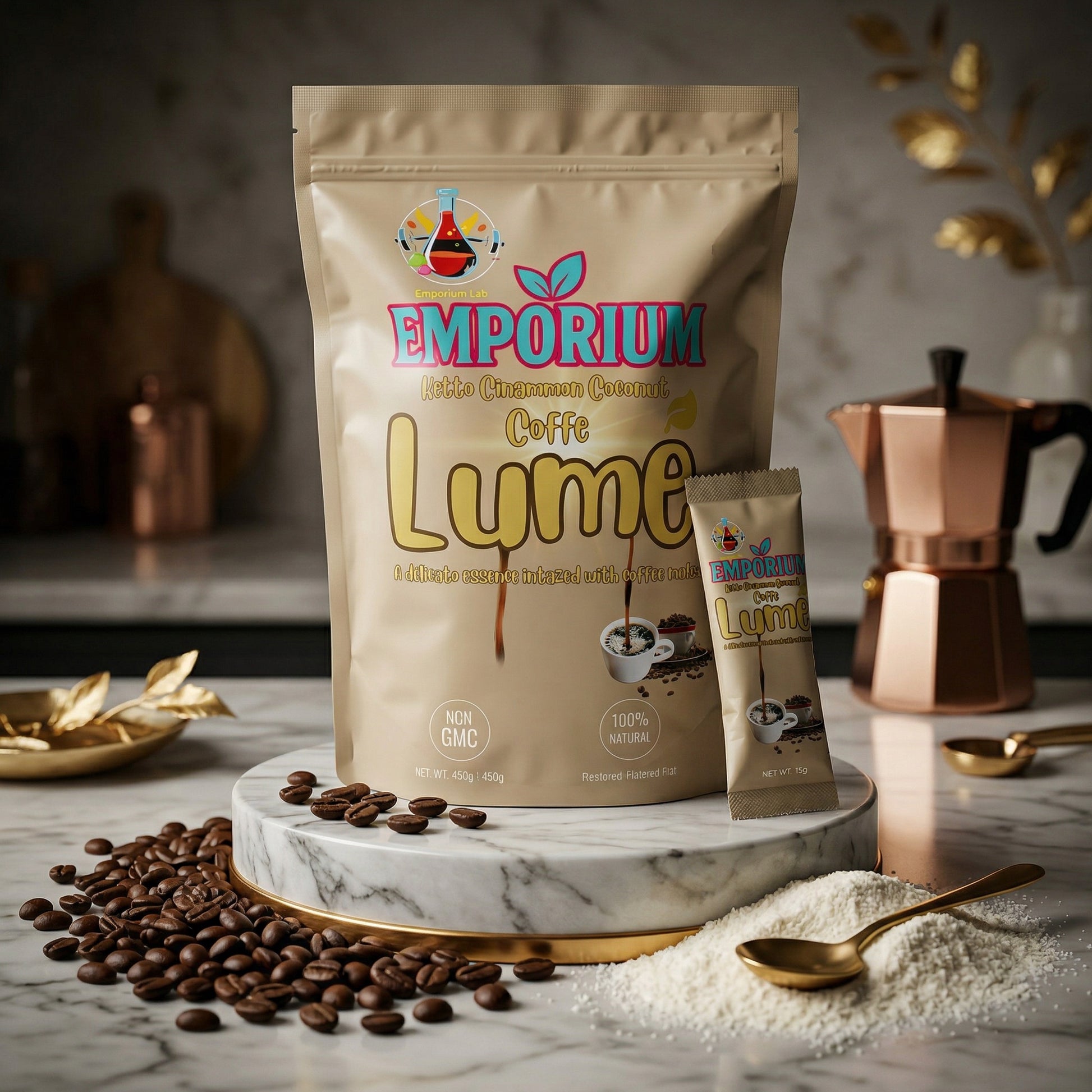 Emporium Coffee Lume packaging on a marble surface with coffee beans and a spoon.