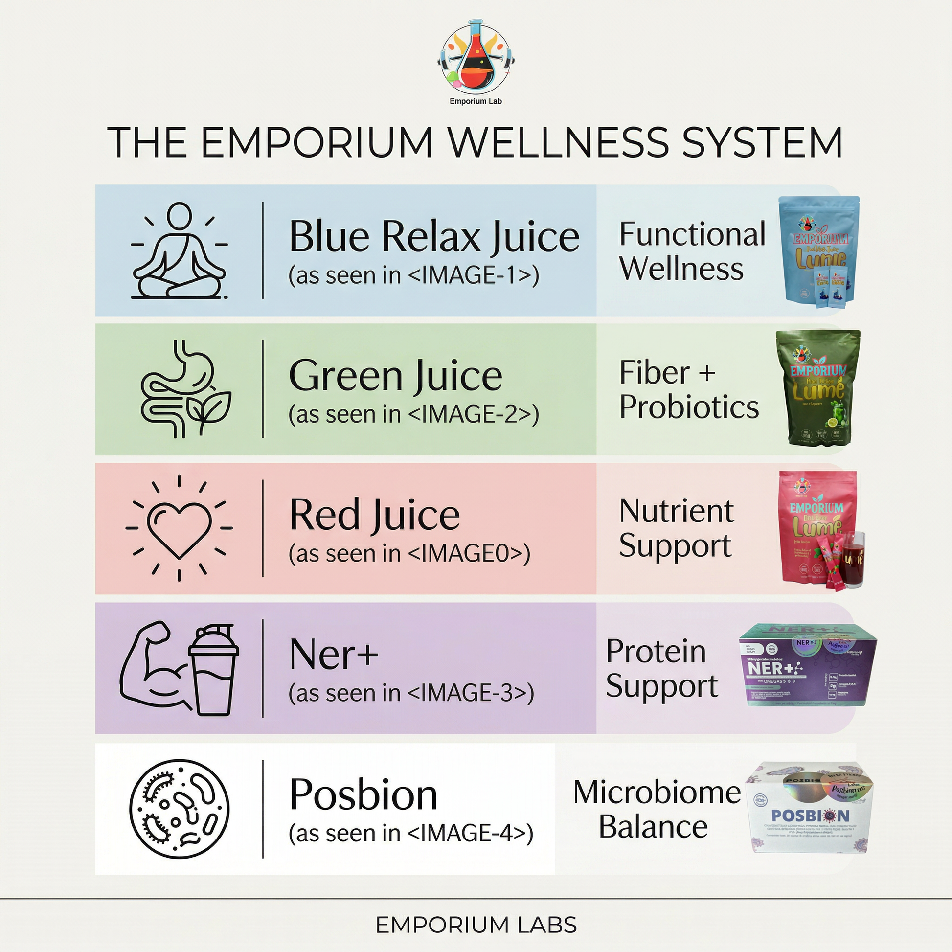 Diagram of The Emporium Wellness System with various products and their functions.