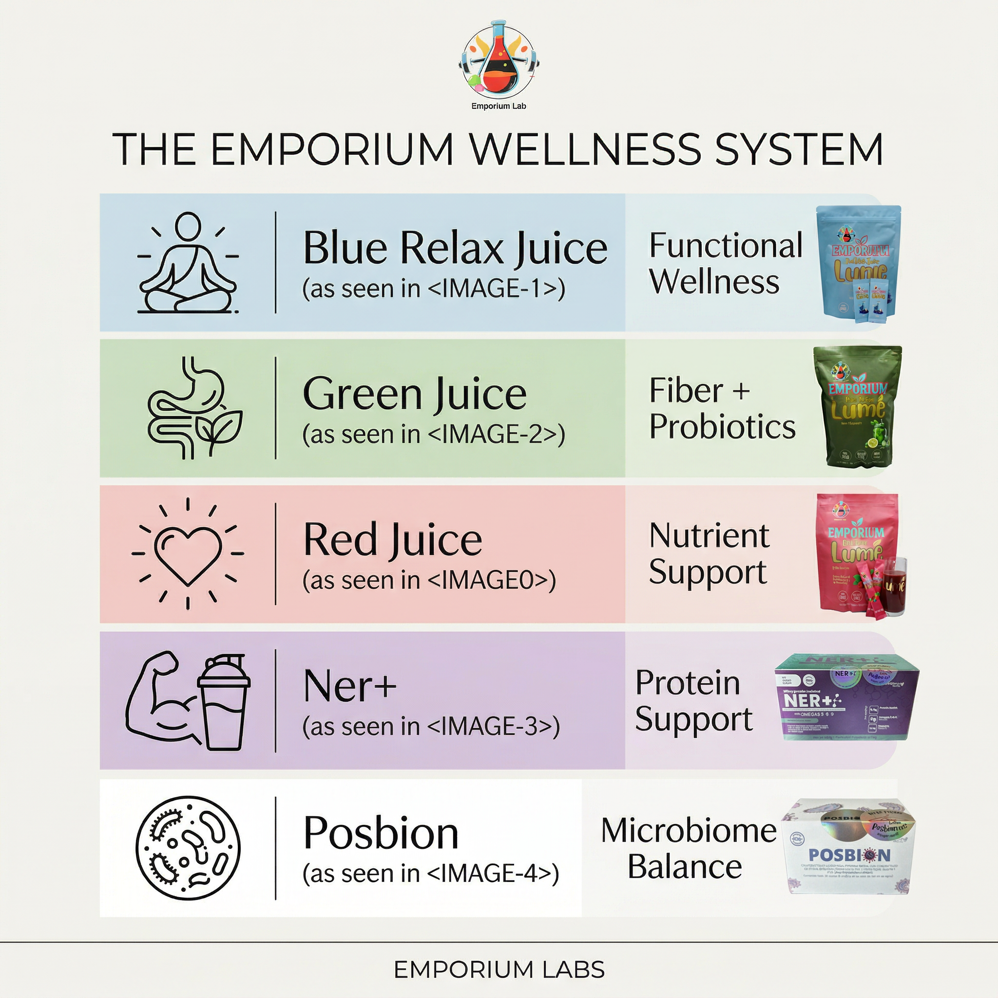 Diagram of The Emporium Wellness System with various products and their functions.