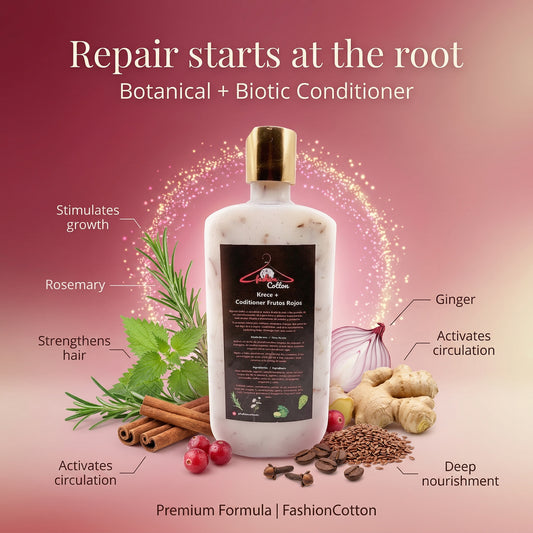Botanical and biotic conditioner bottle with ingredients and benefits on a pink background