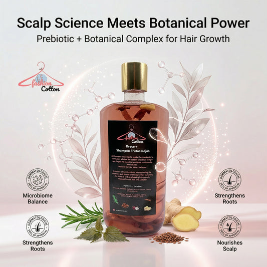 Shampoo bottle with botanical elements and text about scalp care and hair growth on a light background.