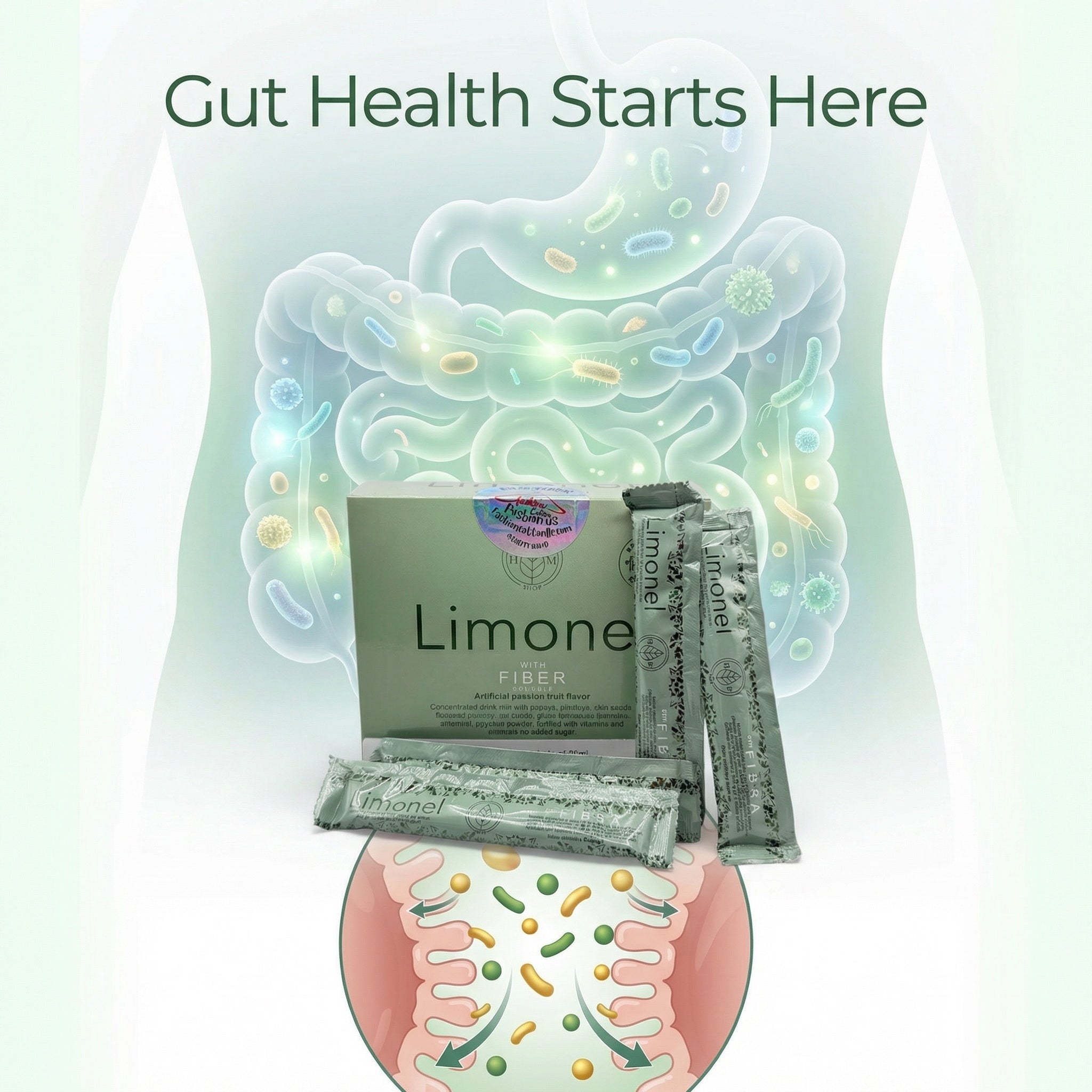 Limone fiber packets with an illustration of gut bacteria on a light gray background.