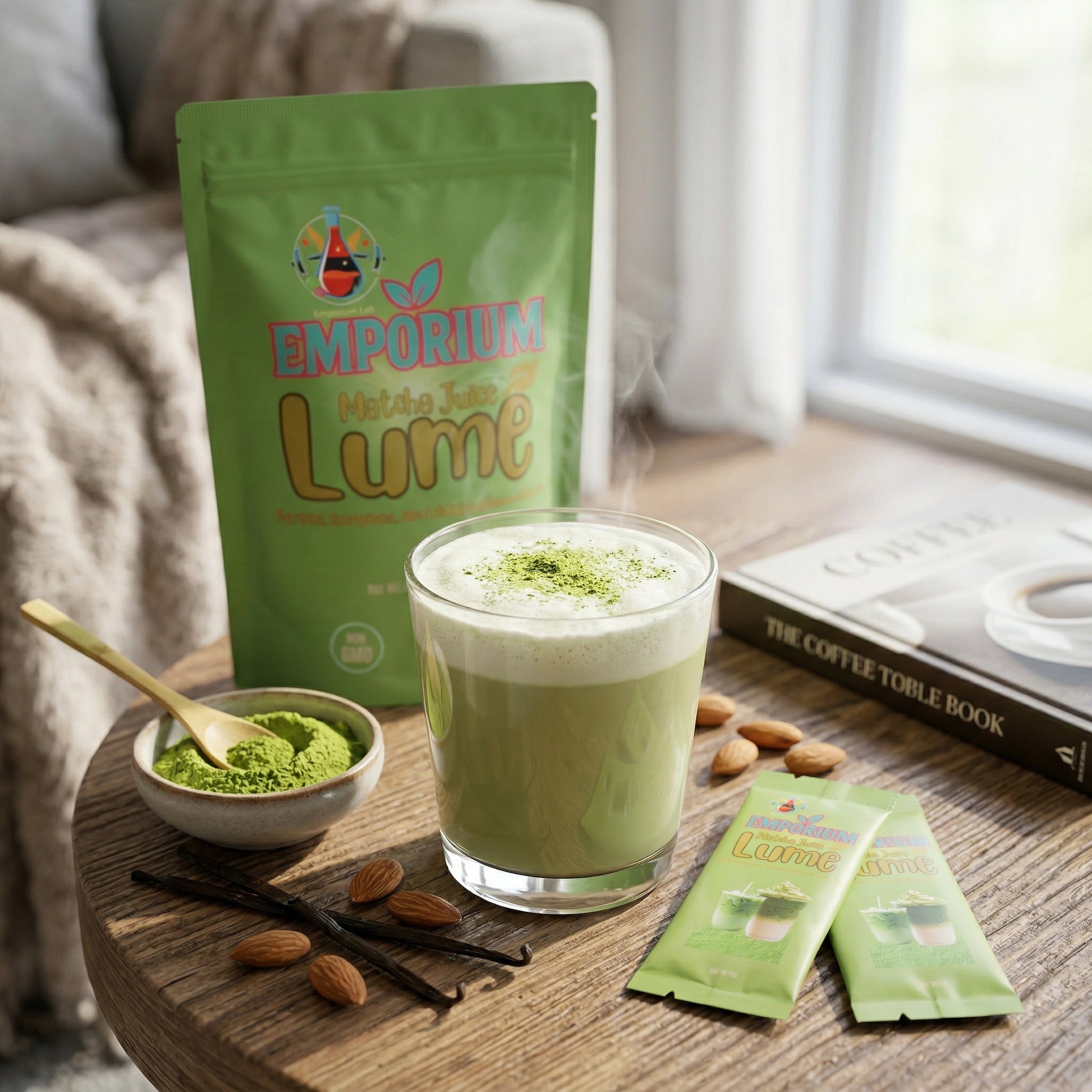 Matcha latte with Emporium Matcha Lume packaging on a wooden table. fibribion