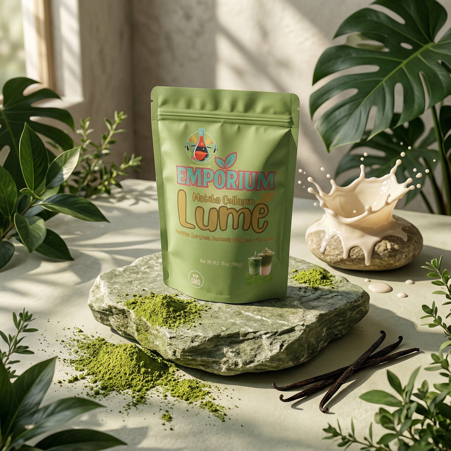 Green package labeled 'Emporium Lume' on a stone surface with plants and vanilla beans.