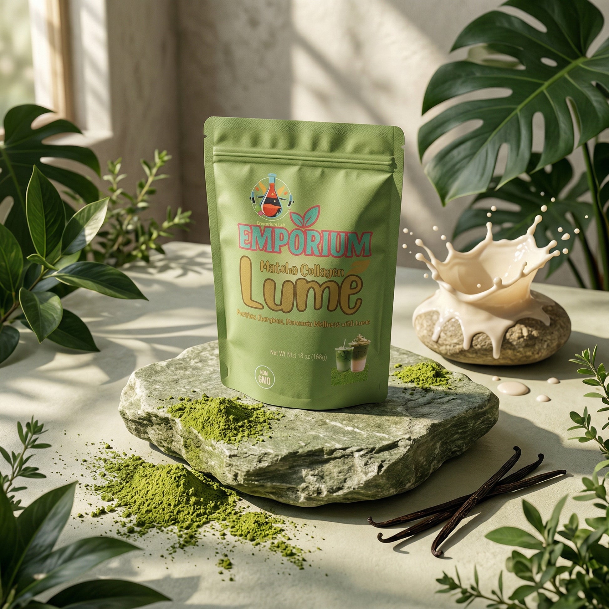 Green package labeled 'Emporium Lume' on a stone surface with plants and vanilla beans.