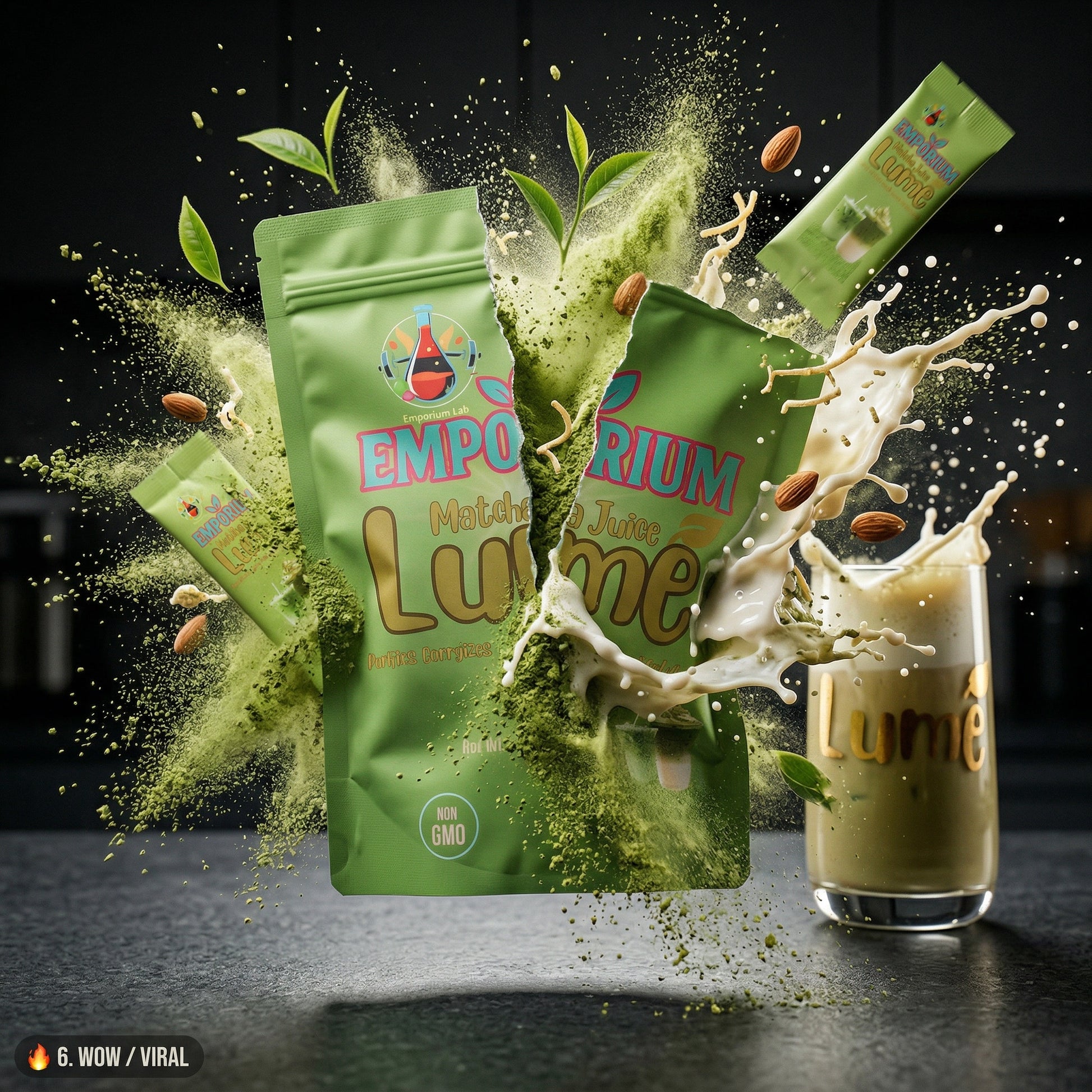 Green packages labeled 'Emporium' and 'Rium' with a glass of milkshake on a dark background, fibribion