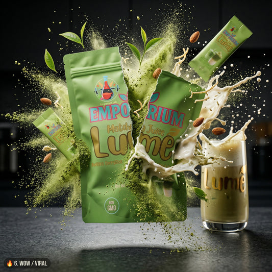 Green packages labeled 'Emporium' and 'Rium' with a glass of milkshake on a dark background, fibribion