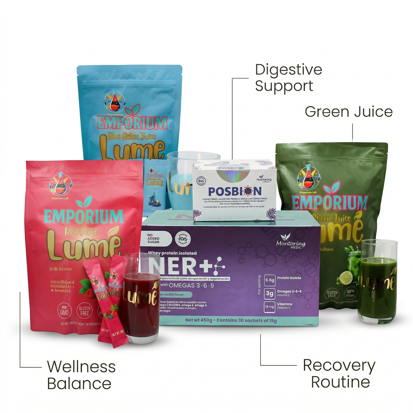 Assorted health and wellness products with labels indicating categories like Digestive Support, Green Juice, Wellness Balance, and Recovery Routine.