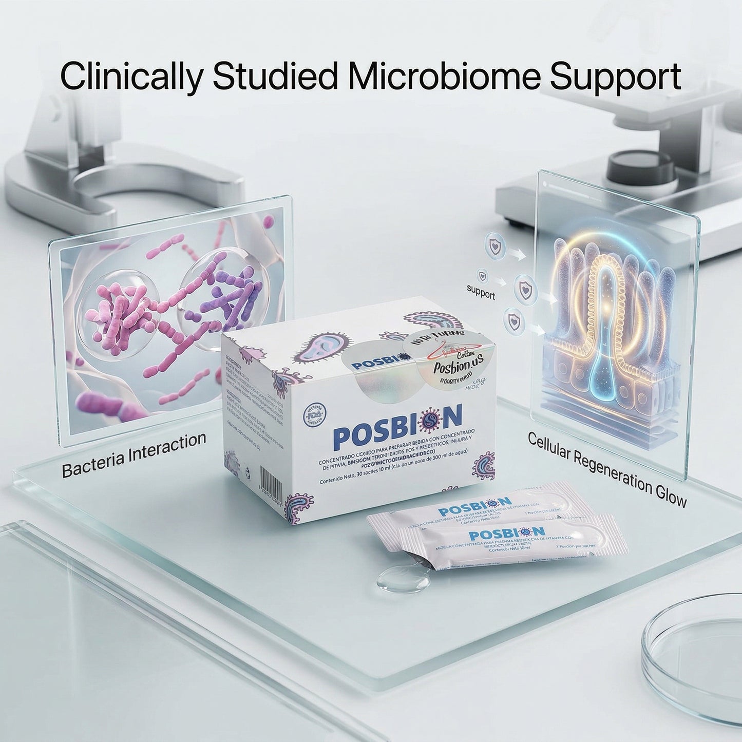 POSBION  usa oficial product packaging on a laboratory setting background with microbiome graphics.