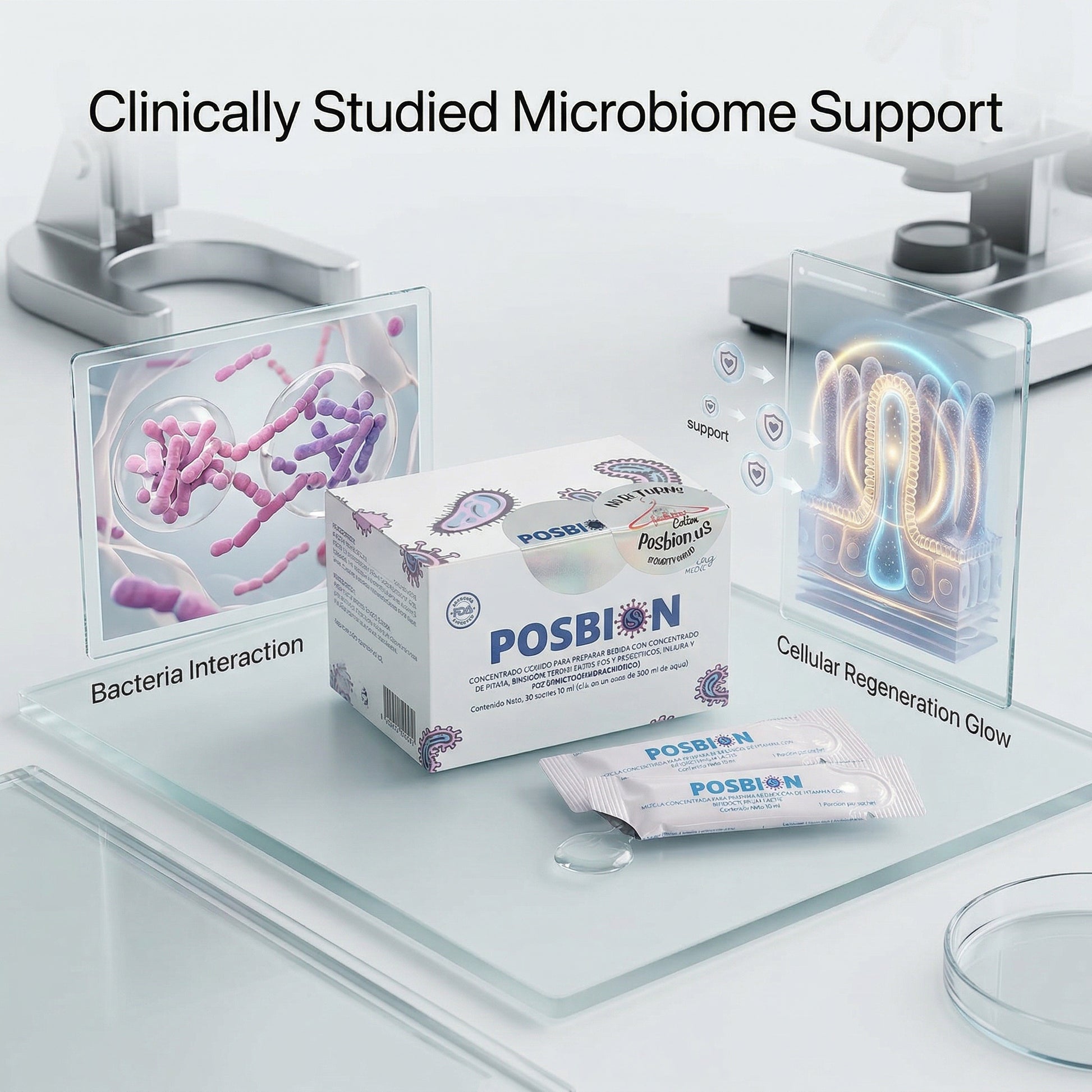 POSBION  usa oficial product packaging on a laboratory setting background with microbiome graphics.