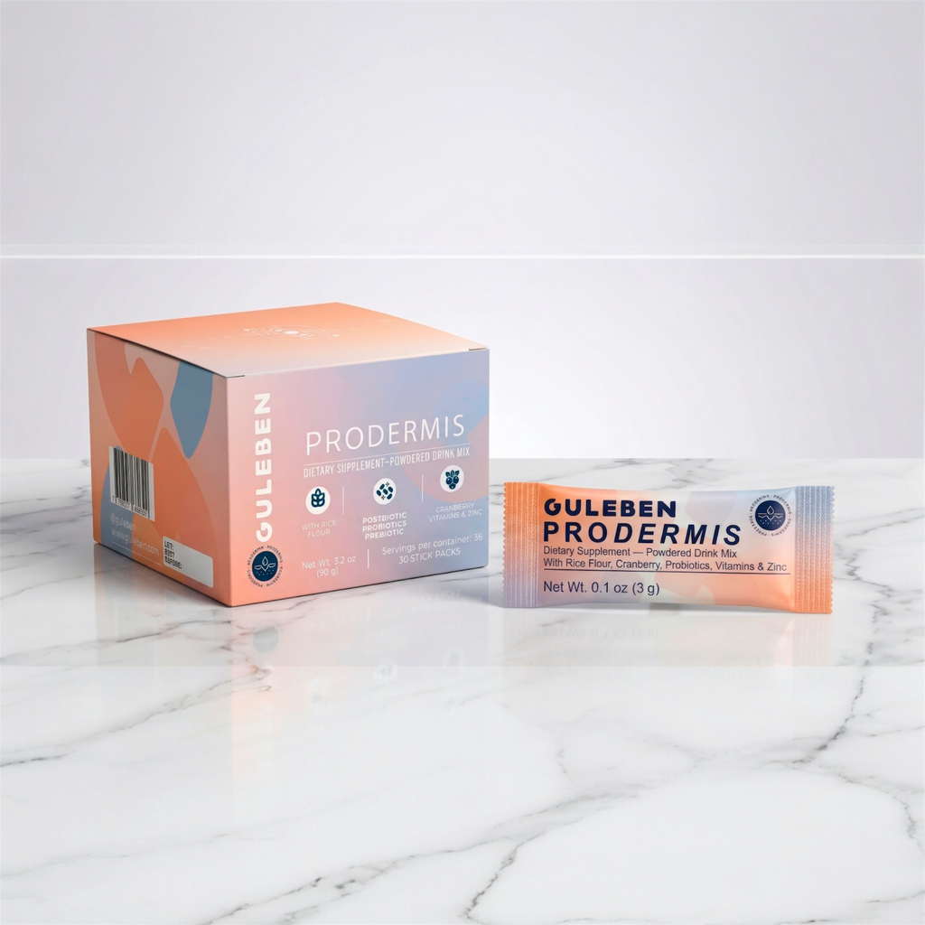 Guleben Prodermis packaging on a marble surface