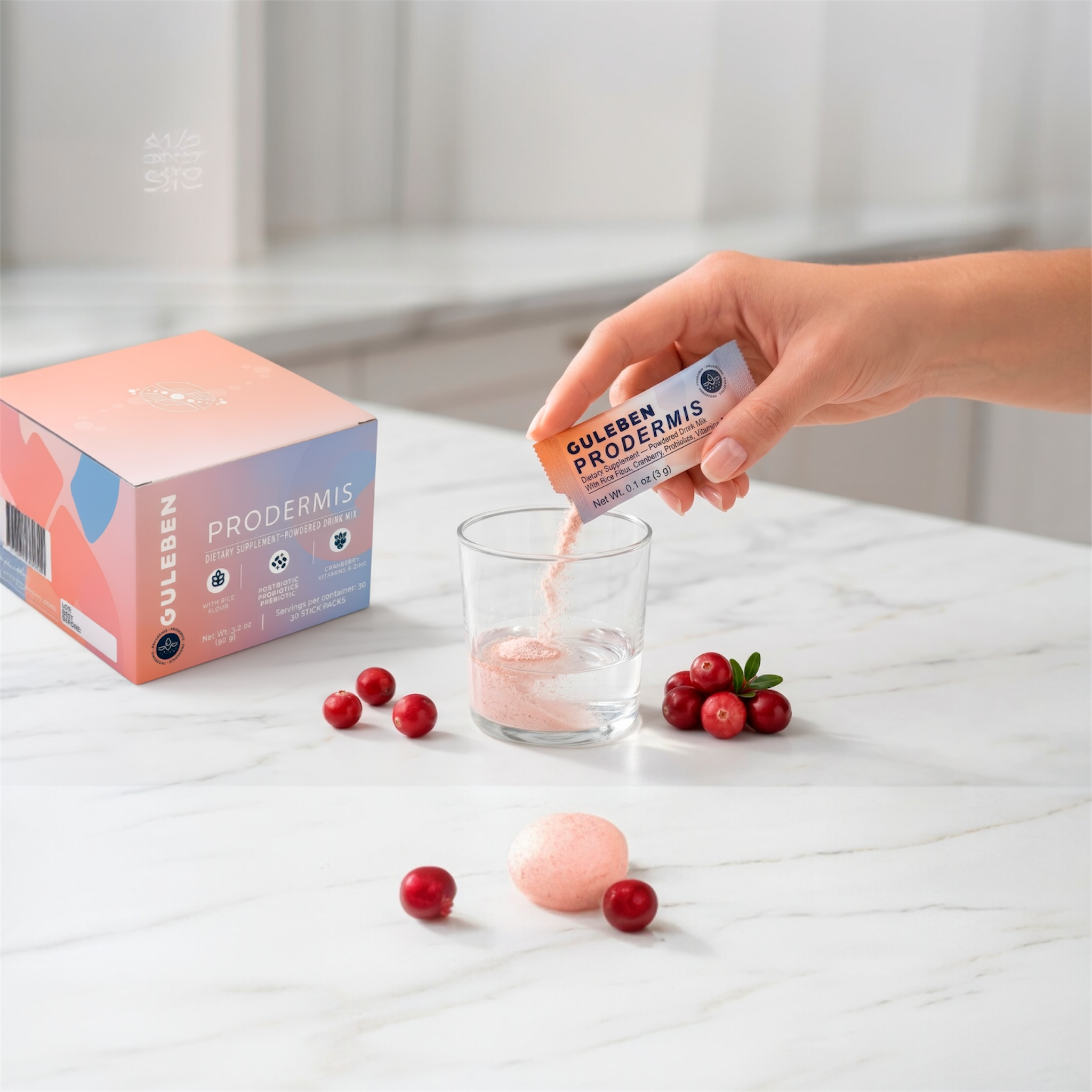 Hand pouring a supplement into a glass with berries on a white surface, featuring Culsen Prodermis packaging.