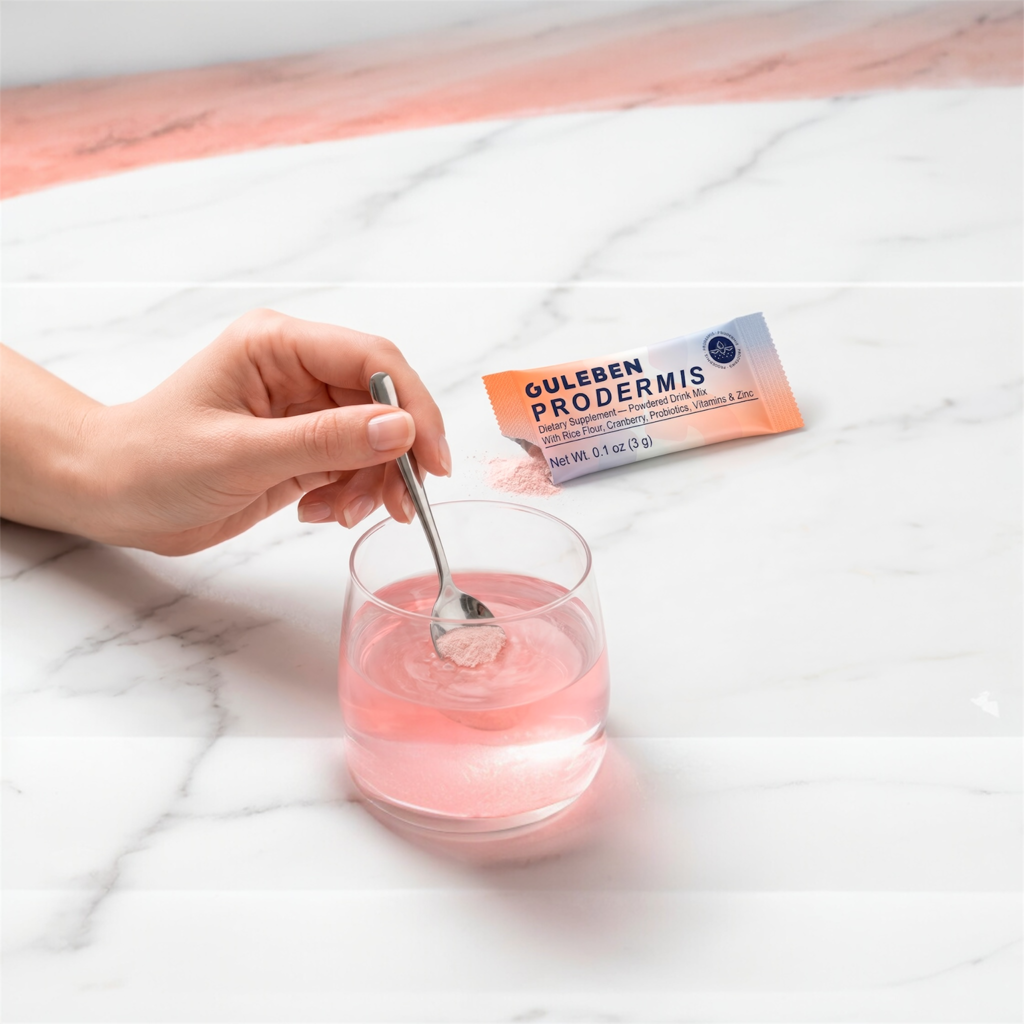 Person stirring pink liquid in a glass with a Guleben Prodermis packet on a marble surface