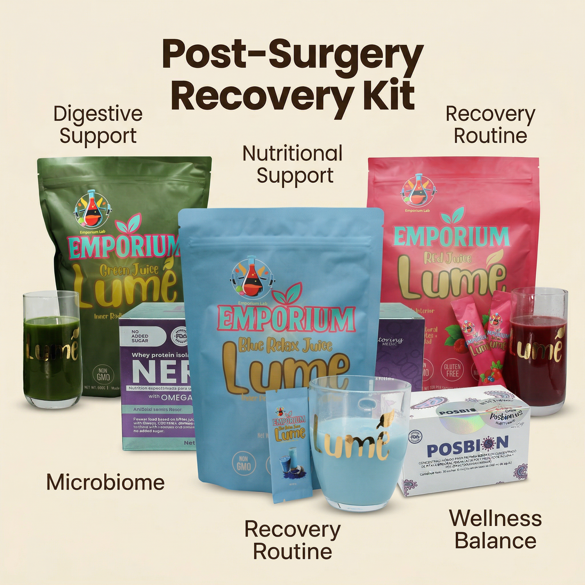 Post-Surgery Recovery Kit with various products and labels on a beige background