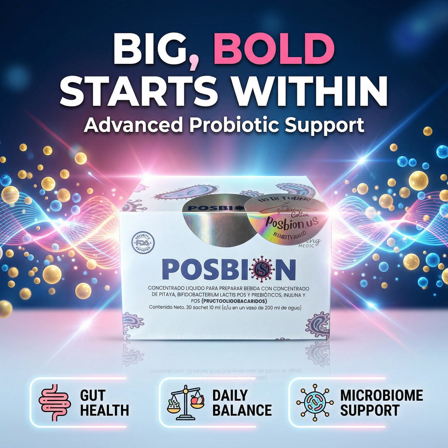 Posbion bpl1 probiotic support product with colorful background and text
