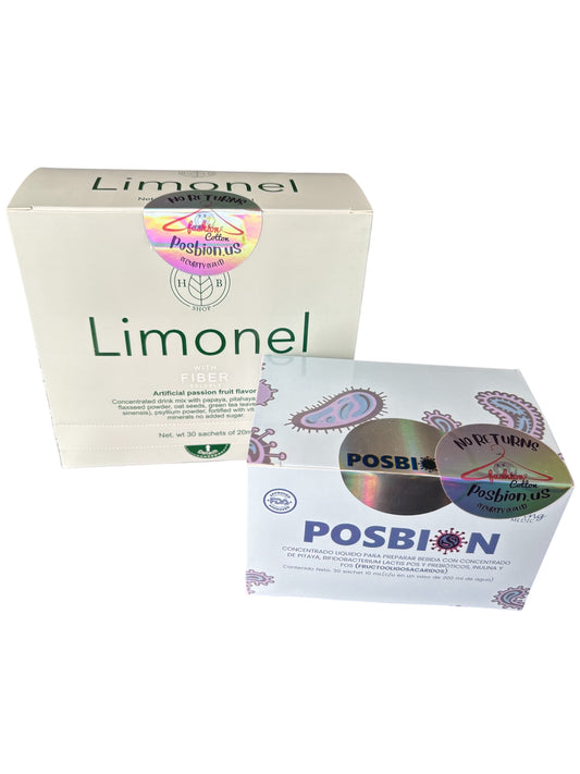 Apoya tu salud intestinal con el paquete Posbion y Limonel Fibra. Posbion es un posbiótico premium con bifidobacterium lactis que mejora la digestión, reduce la grasa visceral y aumenta la saciedad. Limonel Fibra ayuda a regular el tránsito intestinal, limpiar el organismo y reducir la hinchazón. Juntos equilibran tu microbiota y promueven bienestar desde adentro