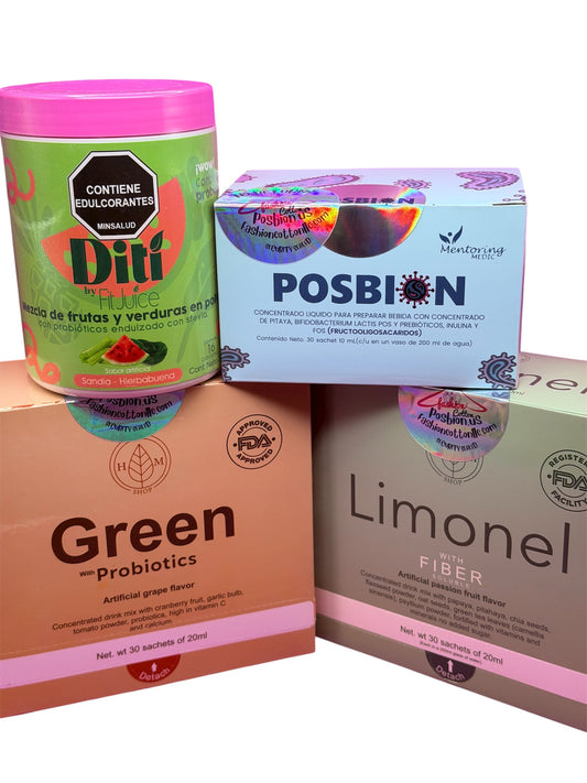 Assorted health and wellness products including a can, box, and containers on a white background