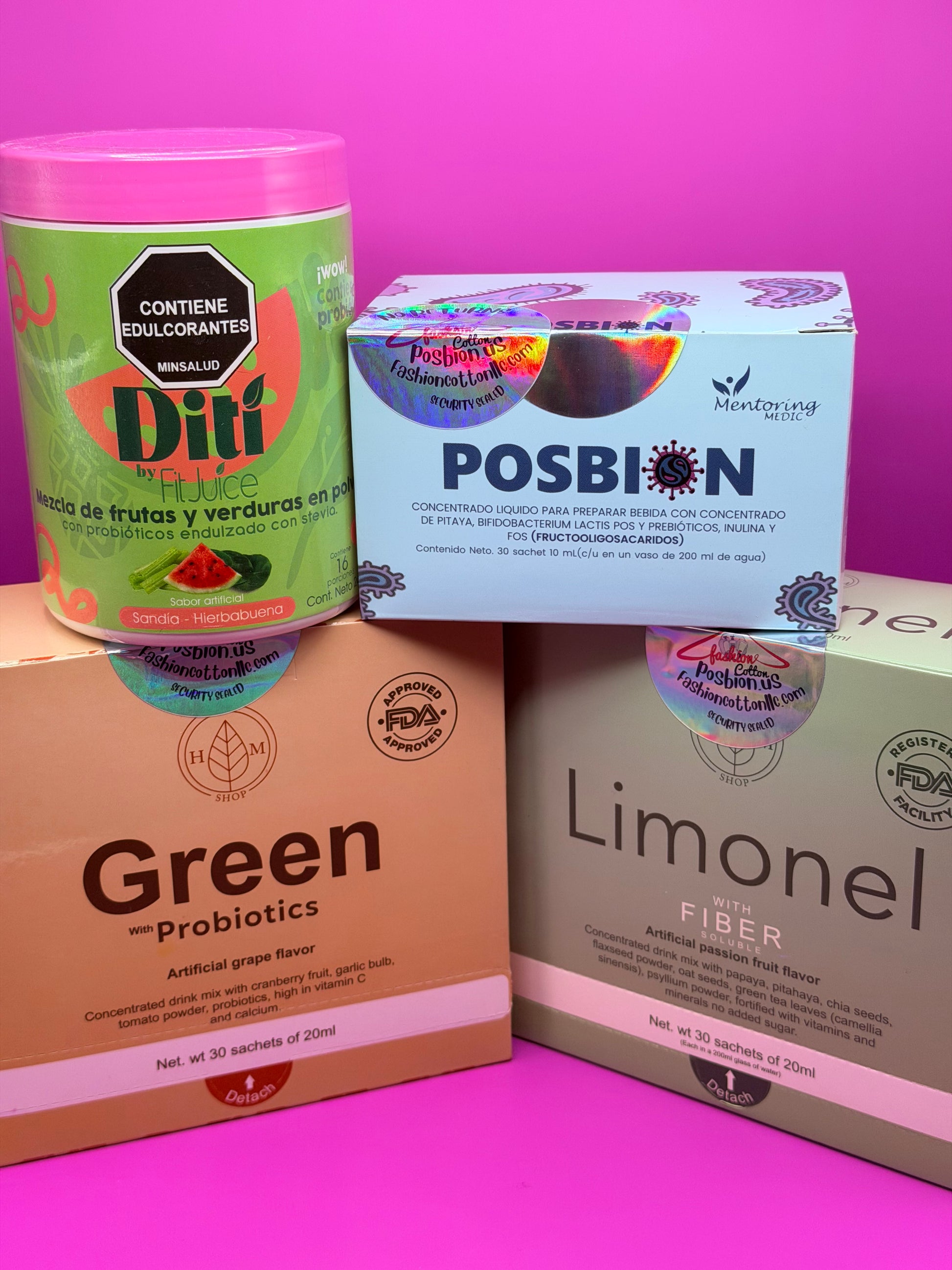 Collection of health and wellness products including a Posbion box, Diti container, and Limonel fiber product on a pink background.