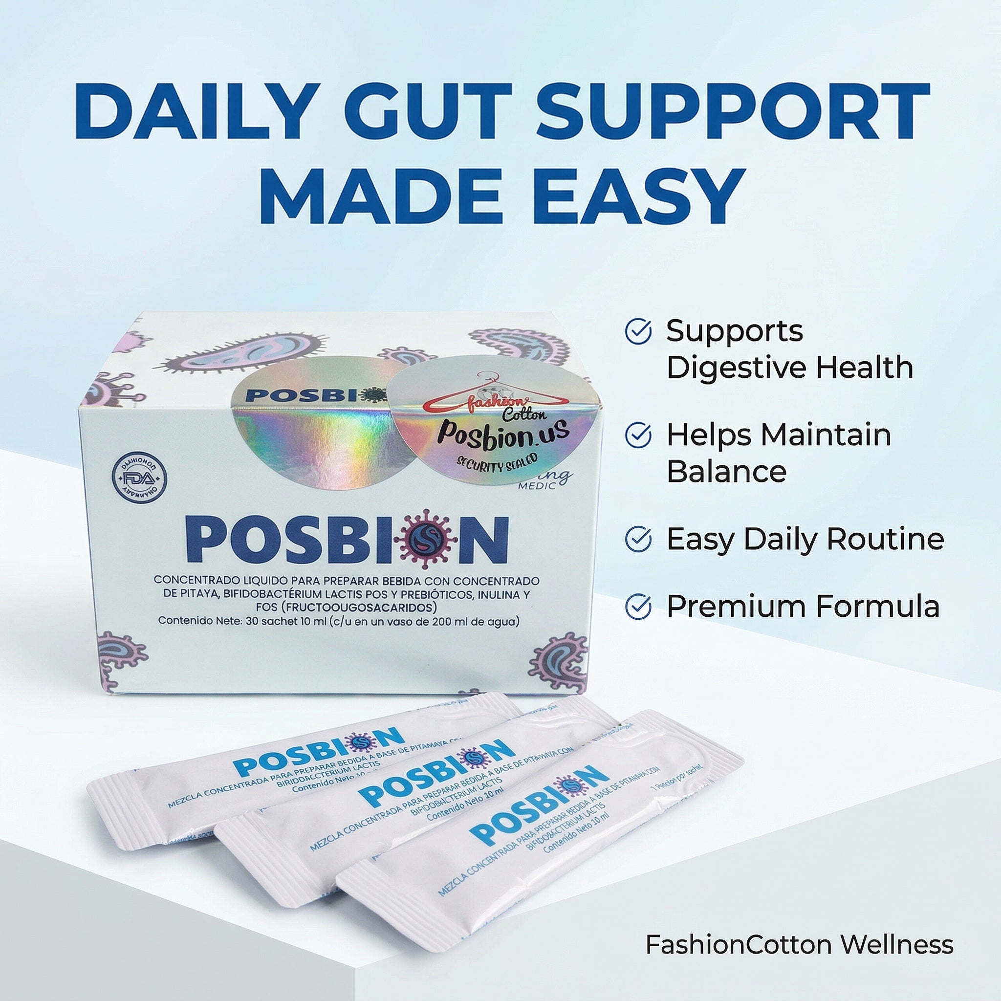 POSBION BPL1  product packaging with text highlighting daily gut support on a light blue background