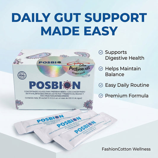 POSBION BPL1  product packaging with text highlighting daily gut support on a light blue background
