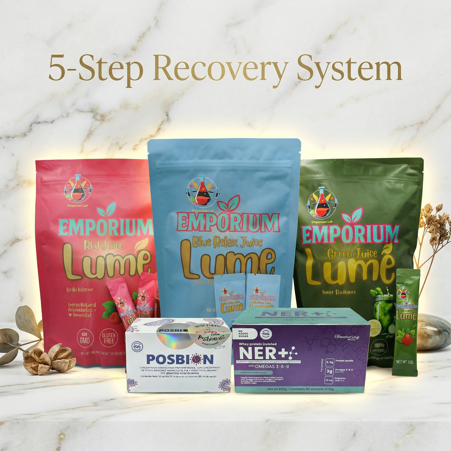 Collection of Emporium Lume products and POSBION, NER+! on a marble surface with '5-Step Recovery System' text.